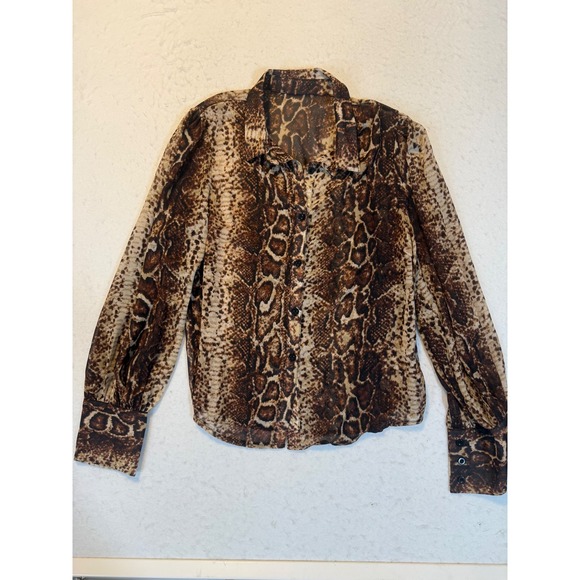 SHEIN Tops - Women Brown Animal Snakeskin Print Sheer Button Up Blouse Size L 8/10